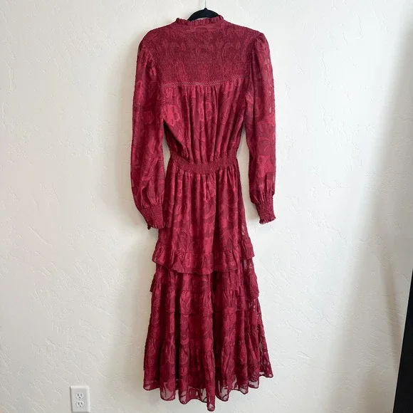 AQUA | Yvonne Jacquard Lace Tiered A-Line Dress in Wine | Small - Picture 3 of 4